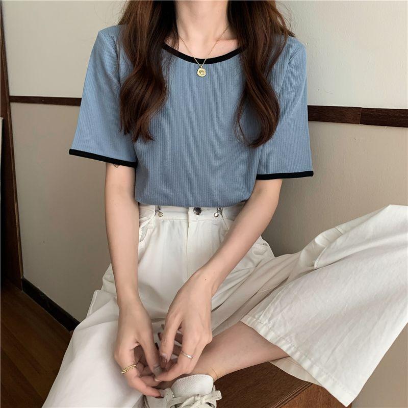 

Женская сине-черная футболка с контрастной отделкой, круглым вырезом, коротким рукавом, в рубчик, летний облегающий топ S