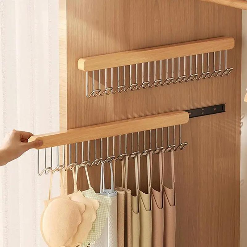Wooden Wall Hanging With Telescopic Drying Rack With Stainless Steel Hook Pull-Out Space Saving Underwear Tank Top Organizer