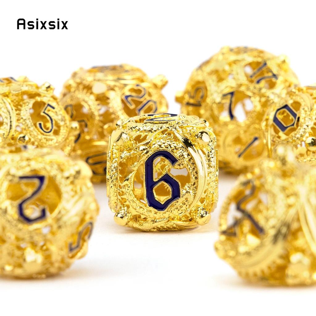 7 Pcs Golden Black Circular Dragon Metal Dice Hollow Metal Polyhedral Dice Suitable for Role-Playing RPG  Board Game Card Game