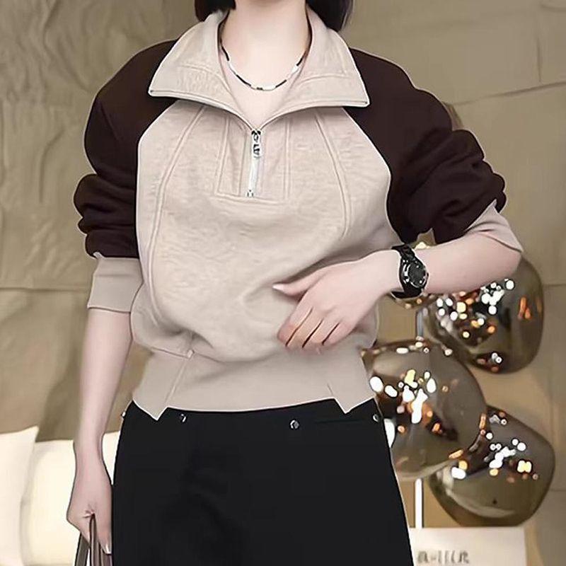 Half Zip Stand Up Collar Splicing Pullover Hoodie for Women's Autumn and Winter Fashion Short Top