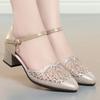 Summer Women One-word Buckle Sandals Flat Mid Heel Chunky Heel  PU Leather Shoes Hollow Mesh Soft Bottom Mom Single Shoes