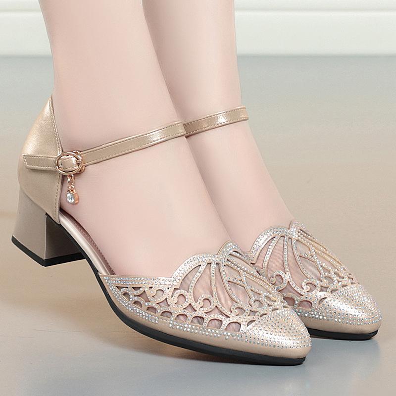 Summer Women One-word Buckle Sandals Flat Mid Heel Chunky Heel  PU Leather Shoes Hollow Mesh Soft Bottom Mom Single Shoes