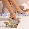 2026 Summer Rhinestone Square Toe High Heel Slides - Sequined, Plus Size, Outdoor Sandals