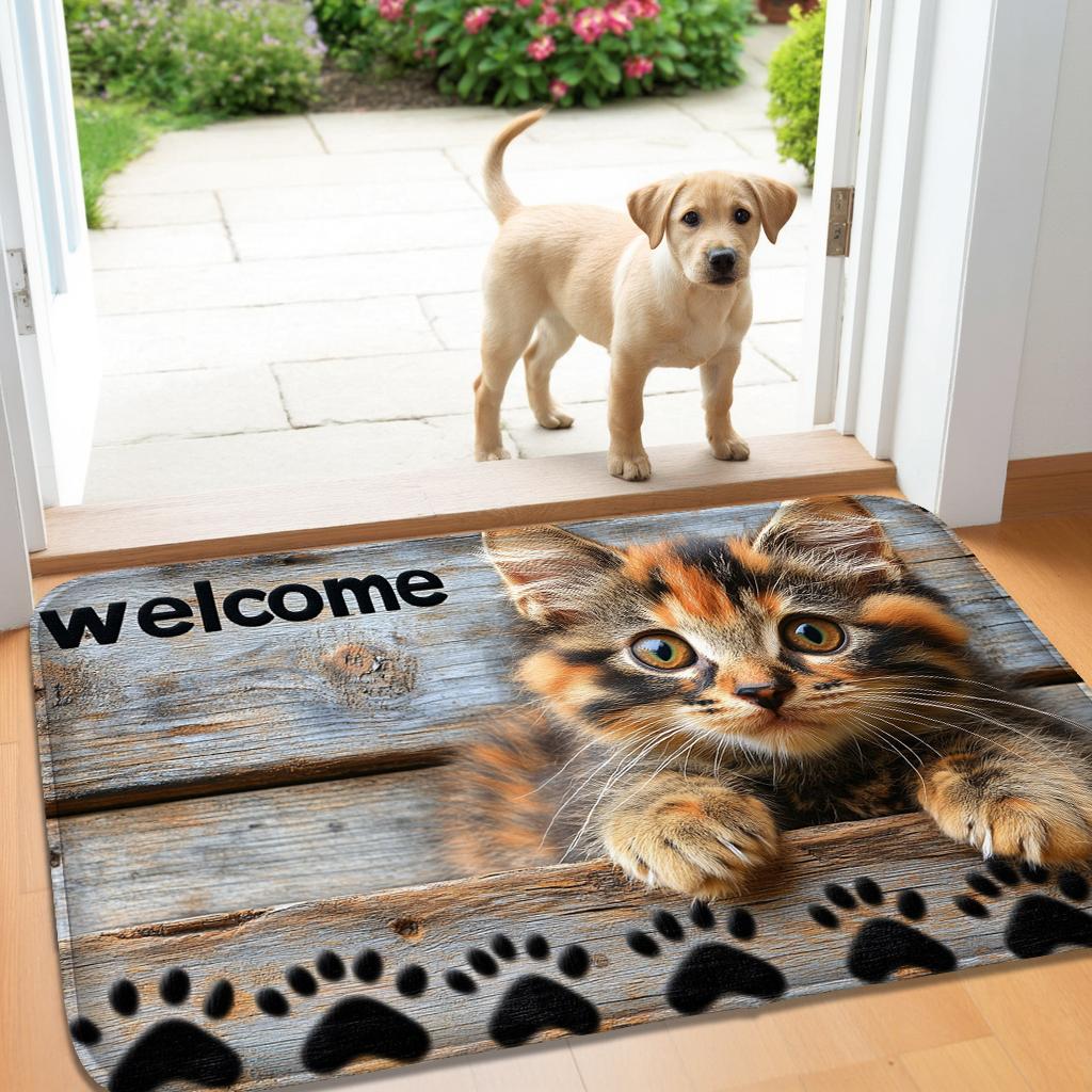 Cute Cat Flannel Kitchen Floor Mat Absorbent Door Mat for Bedroom Living Room Hand Washable