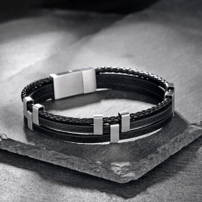 Mens Geometric Stainless Steel Braided Leather Bracelet Handmade Adjustable Cycling Accessory