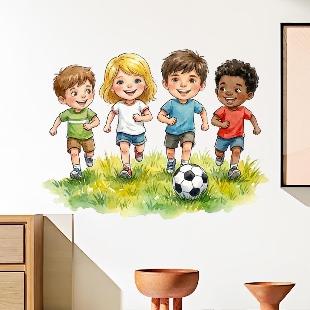 Cartoon Kinder beim Fußballspielen Wandaufkleber für Kinderzimmer Wohnzimmer Eingangsbereich Hintergrund Heimdeko Abnehmbarer Sticker Kunst Wandbild