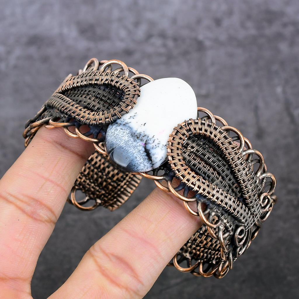 Natural Dendrite Opal Gemstone Copper Wire Wrap Cuff Bangle Adjustable o8I02
