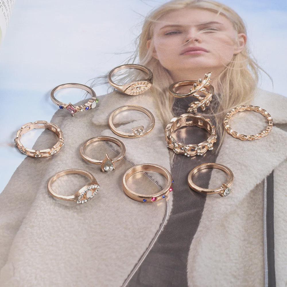 Leaf-Colored Diamond Ring Set: 11-Piece Water Drop Opal & Rhinestone Inlay