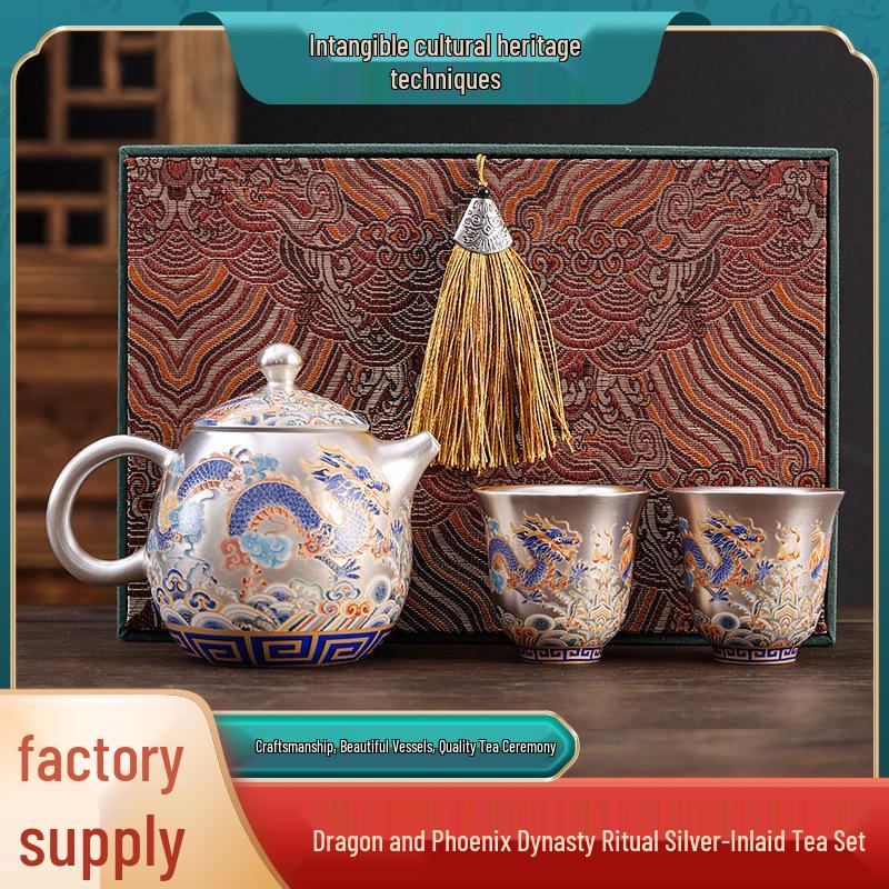 Luxury Dragon & Phoenix Silver-Plated Tea Set: One Pot, Two Cups, Dragon Egg Infuser, Gift Box Included