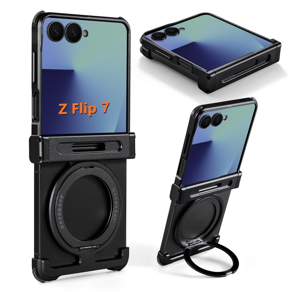 Oatsbasf Metal Frameless Phone Case for Samsung Galaxy Z Flip 7 with 360° Rotatable Stand Magnetic Shockproof Protective Cover