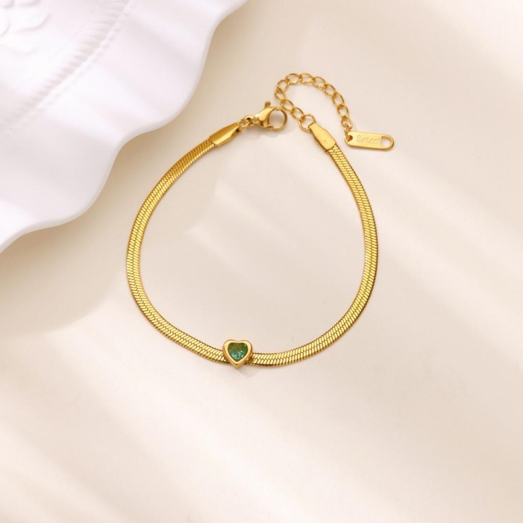 Flat Snake Chain Bracelets 18K Gold Plated 304 Stainless Steel & Rhinestone Women's Birthstone Stylish Gift Jewelry 16cm Long