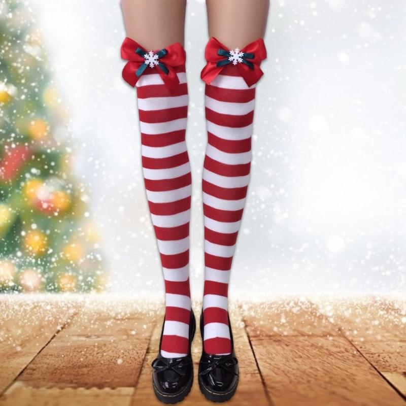 Festival-Schleifenakzent Gestreifte Lange Socken für Damen Weihnachtsfeiern Cosplay Oberschenkelhoch Über dem Knie Strümpfe Strumpfwaren