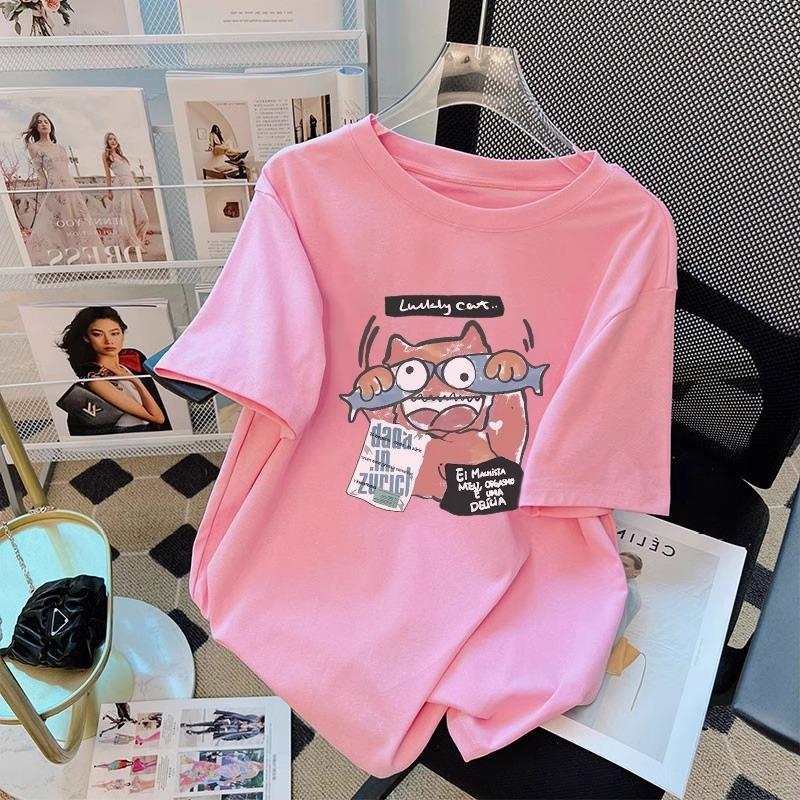 

American retro cotton short-sleeved T-shirt women s summer design sense European goods medium and long round neck printed t-shirt top tide m (recommended 80-100) розовый