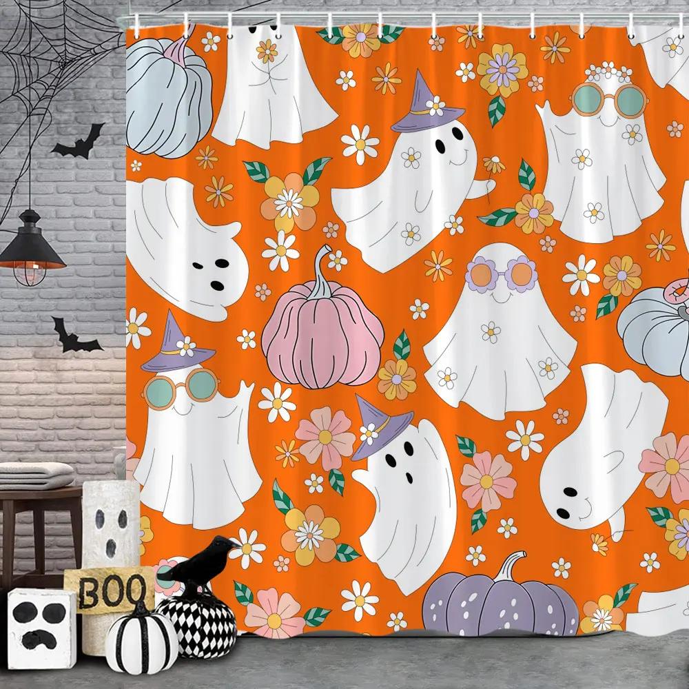 Pink Cute Halloween Shower Curtain Ghost Pumpkin Bat Skull Polyester Fabric Kids Shower Curtain Girls Bathroom Decor Strap Hooks