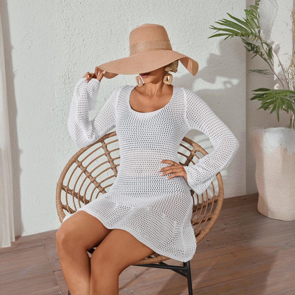 Beach Skirt Women's Solid Color Sexy Knitted Beach Bikini Swimsuit Hoodie Dress