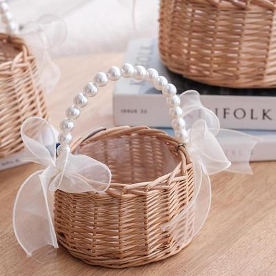 Geflochtener Weiden-Perlenblumenkorb - Handgehaltener Rattansouvenir & Korb für Hochzeits-/Blumenarrangements für den Kindertag