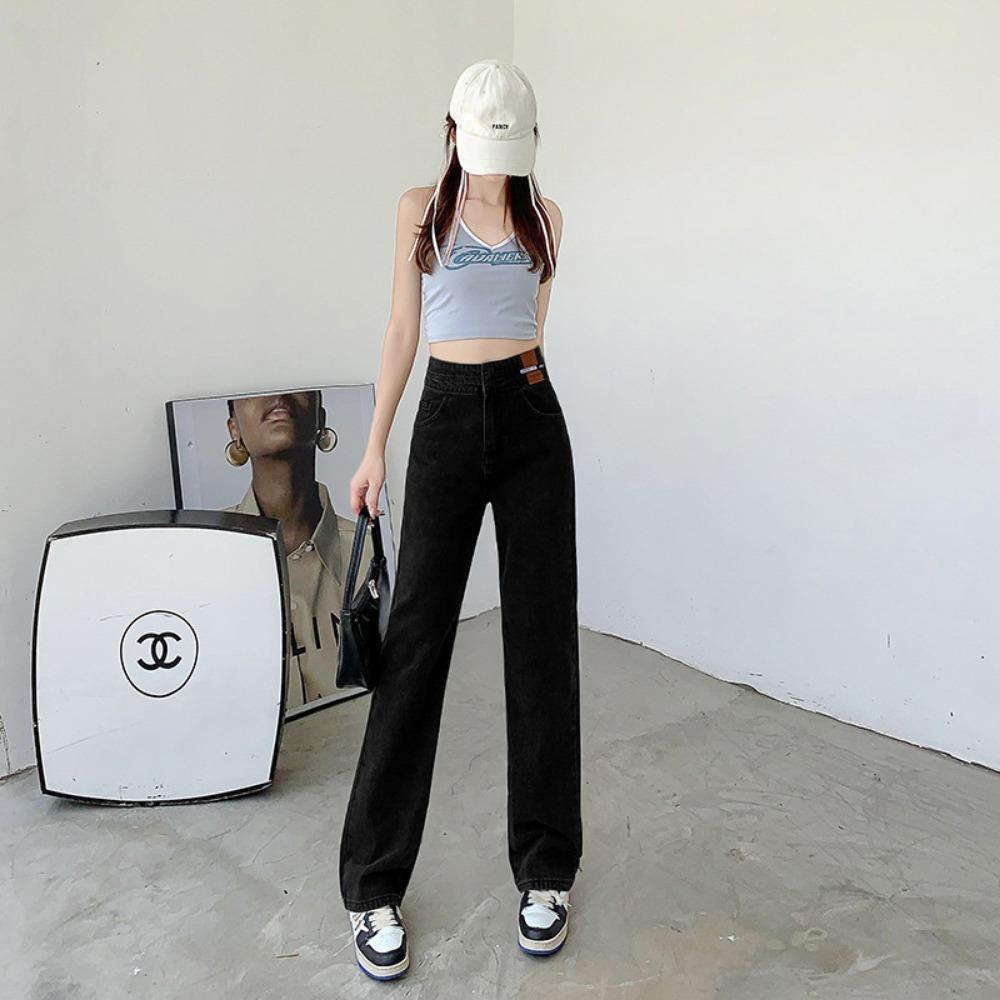 

Commuter simple double-button wide-leg jeans women s spring and summer versatile loose drape straight floor mopping jeans S чёрный