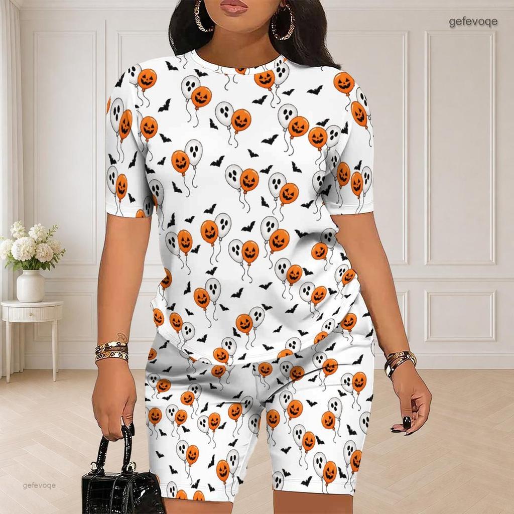 Women Plus Size Halloween Printed Round Neck Short Sleeve Top And Fitted Shorts Two Piece Set