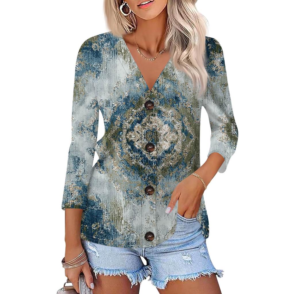Women's Fashion Casual Printing Button-down Shirt 3/4 Long Sleeve Tops