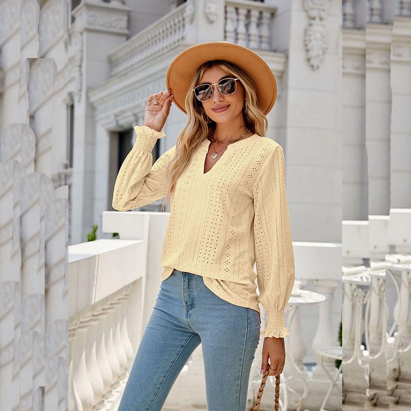 Zomer Dames Tops Lange Mouw Effen Kleur Uitgesneden Geplooide Lotusblad Mouw Blouse V-hals Los T-shirt Top