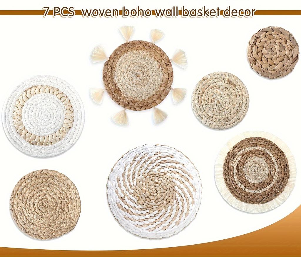 7pcs Decorative Wicker Wall Decor Round Hand Hanging Rustic Flat Wall Art for Farmhouse Living Room Bedroom Display Kitchen Home