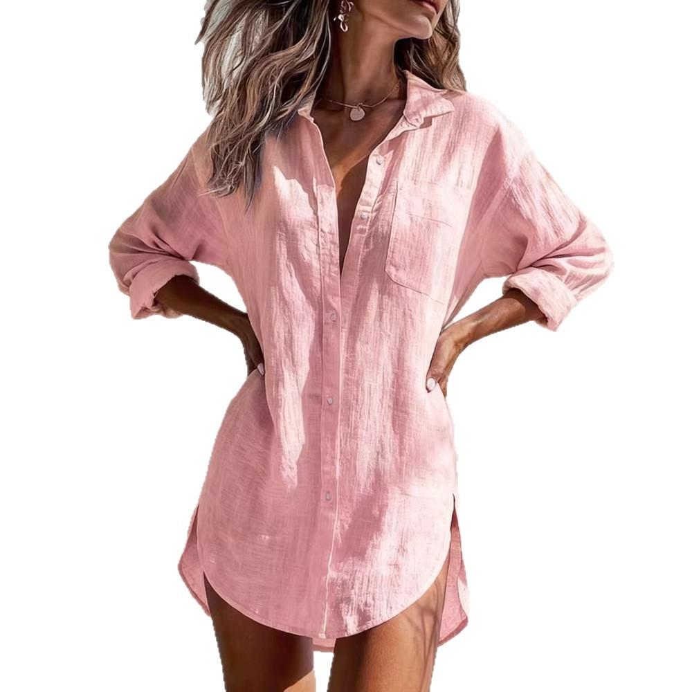 Women's Spring Summer New Casual Shirt Lapel Collar Loose Fit Solid Color Mid Length Long Sleeve Button Down Blouse Beach Cover Up Tops