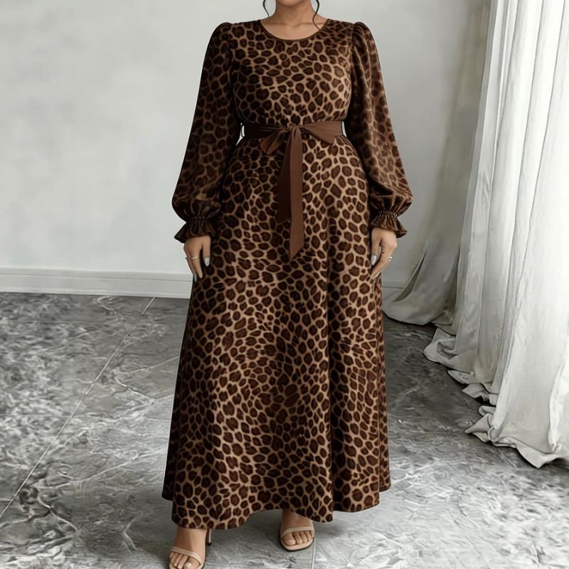 Women Plus Size Leopard Print Long Sleeve Square Neck Elegant Midi Dress