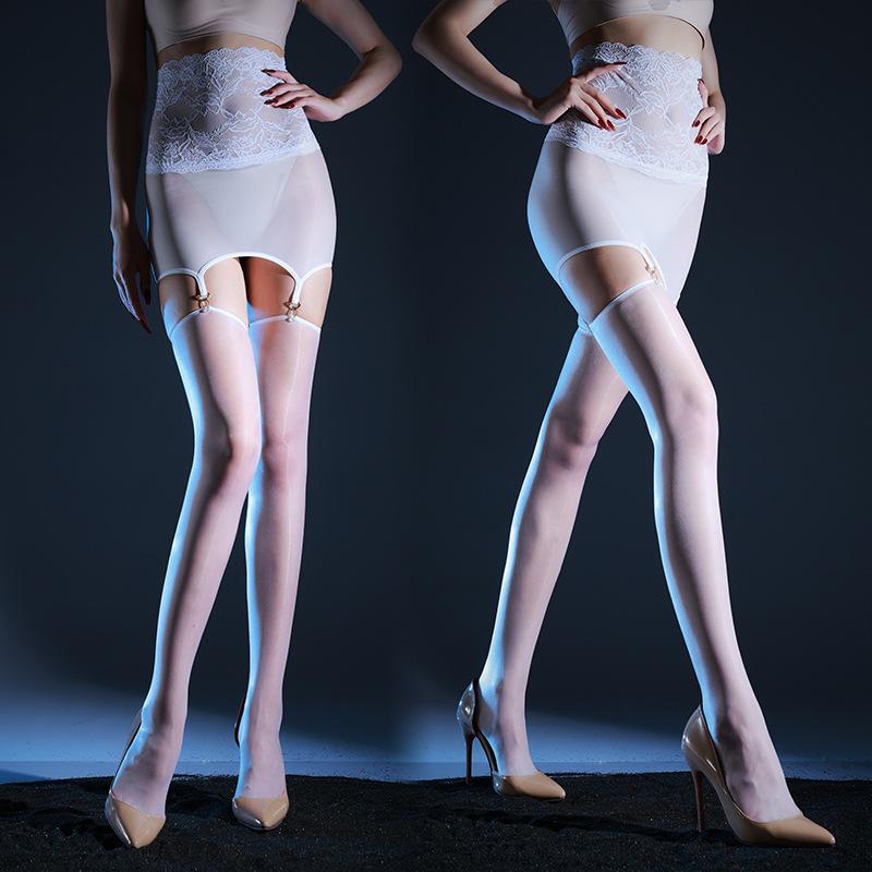 Sexy High Lace Waist Skirts Sets With Shiny Glossy Stocking Package Hip Sheer Skirts Garters One-Pieces Exotic Women'S Clothing