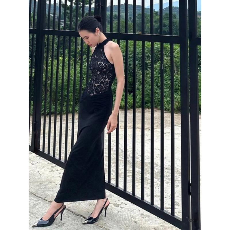 Womens Black Sexy Hollow Out Slim Fit Backless Halter Long Party Dress