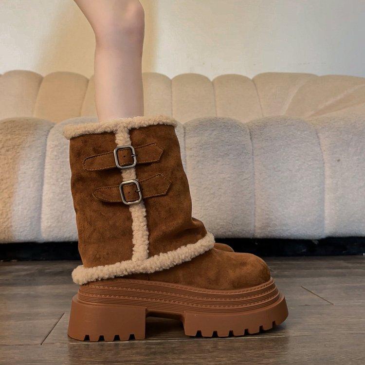 Thick-soled medium tube snow boots women's 2025 new winter new Northeast integrated plush warm thickened fluffy cotton shoes