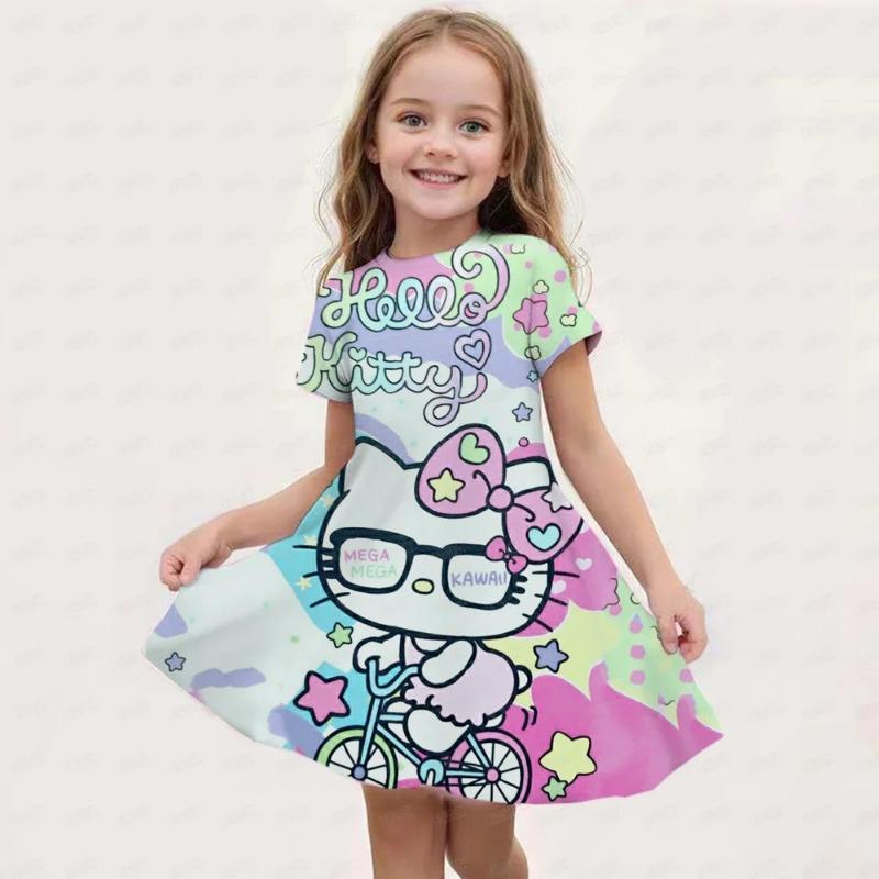 New Summer Girls Dress Fashion Cartoon Cute Cinnamoroll &Hello Kitty 3D Printing Dress Kid Short Sleeve Princess Clothing