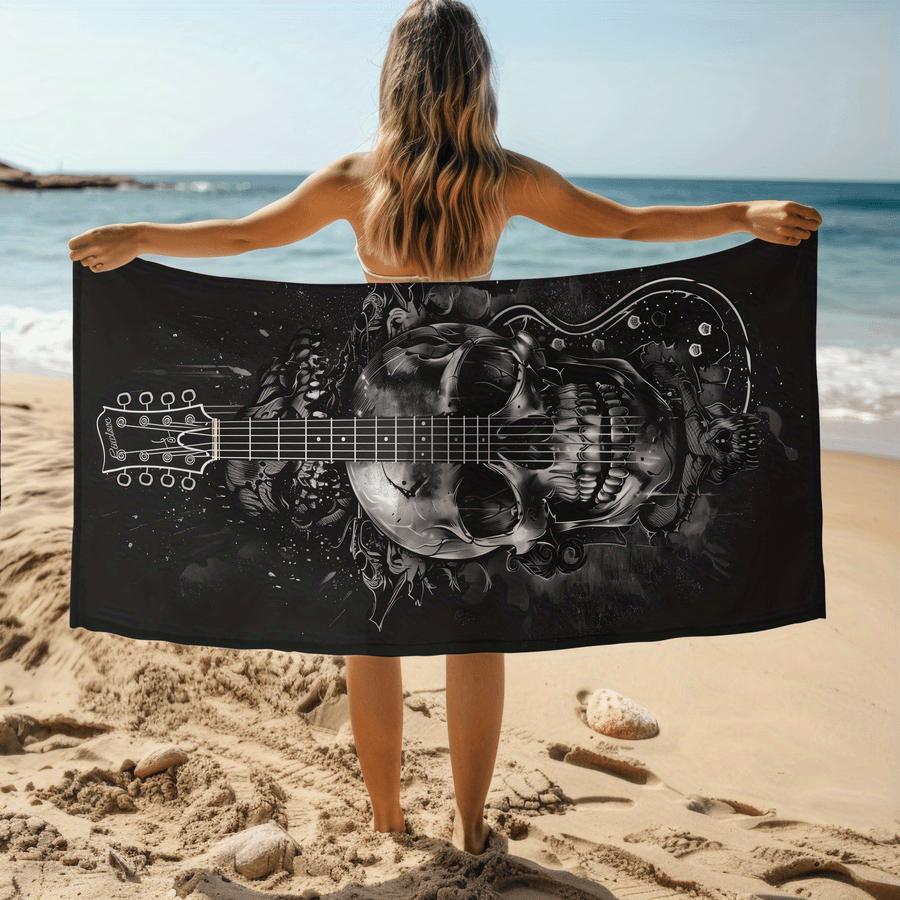 Skull Guitar Pattern Microfiber Beach Towel, Soft Absorbent Quick-Drying Sandproof for Swimming Camping