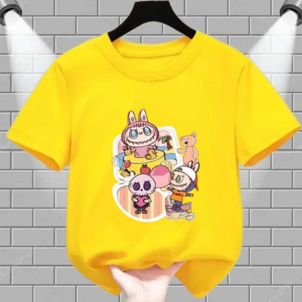 Summer Popular Children's T-shirt Clothing Beach Vacation Labubu Printed Girls Round Neck Short Sleeved Casual Top