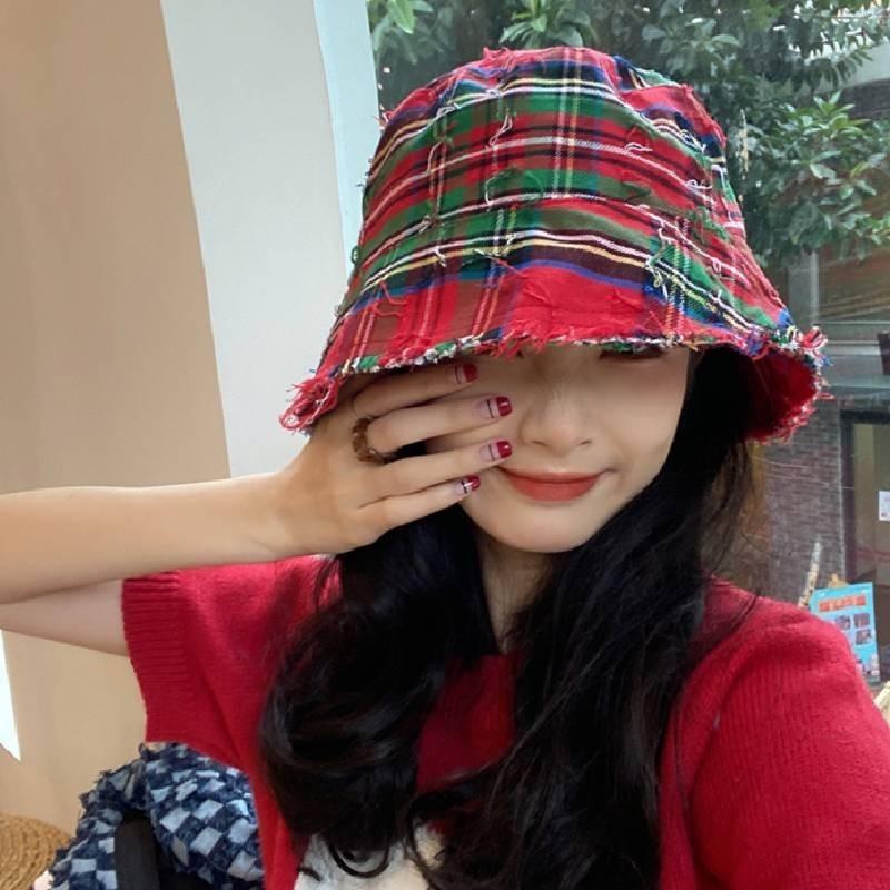Chic Red Plaid Bucket Hat For Women Vintage Style Sun Protection Breathable Cotton