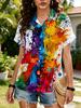 Women's Full-Body Splatter Art Print Short-Sleeve Button Shirt Lightweight Summer Casual Collar Loose Fit for Art Studios Music