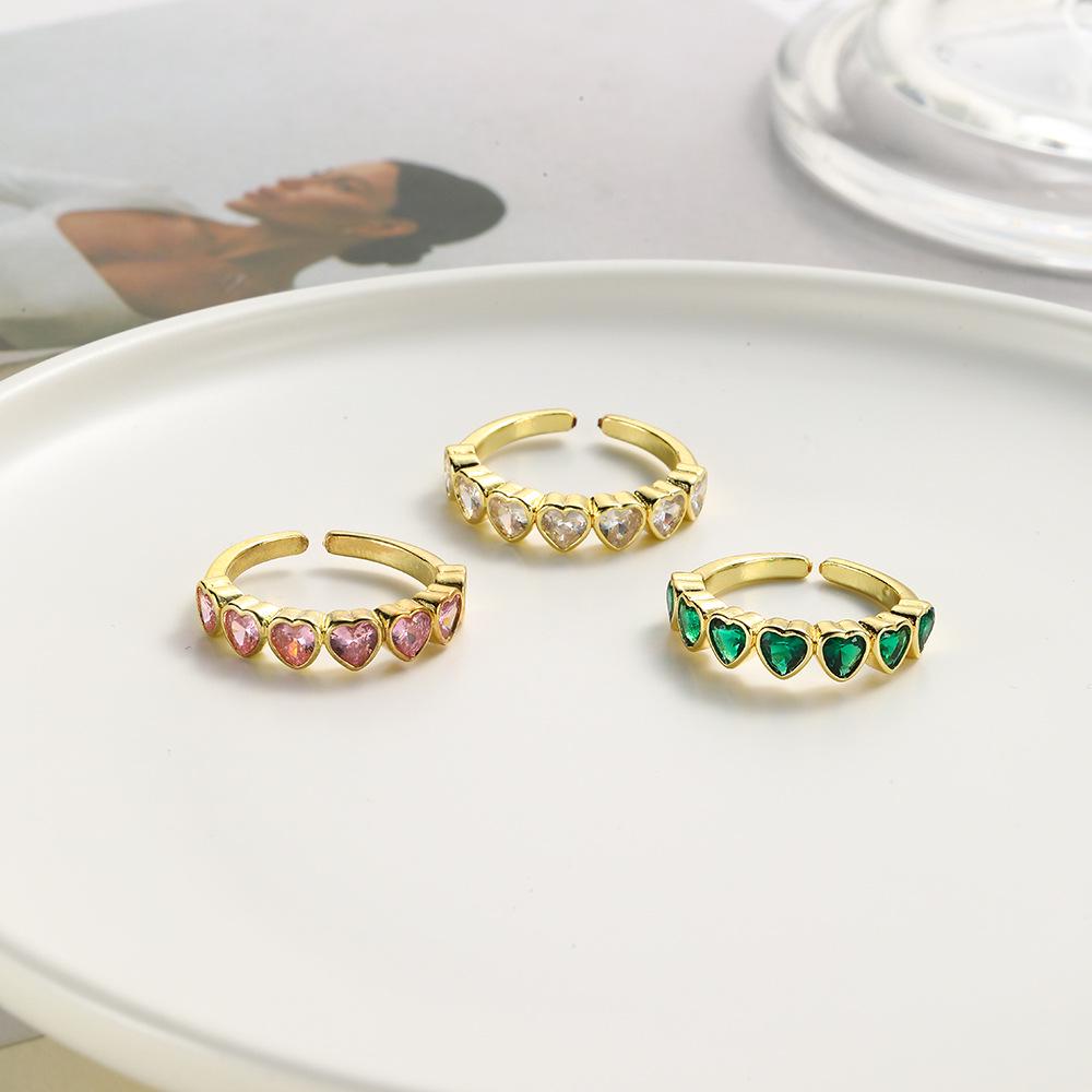 Geometric Copper Inlaid Colorful Heart Zircon Adjustable Women's Ring