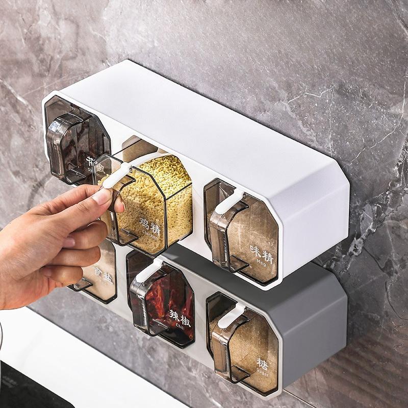 No Punching Seasoning Box Household Kitchen Wall Hanging Salt Seasoning Jar Spice Storage Box Combination Set Bottle