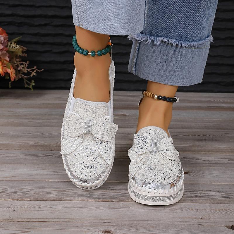 Large size muffin platform single shoes women's new flat bottom round head bow sequins one pedal lazy shoes