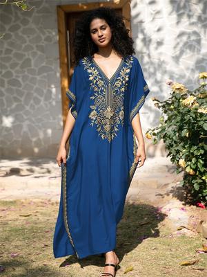 2024 sexy v pescoço batwing manga ouro bordado vestido longo para as mulheres verão relaxado férias praia festa maiô coverup q1642