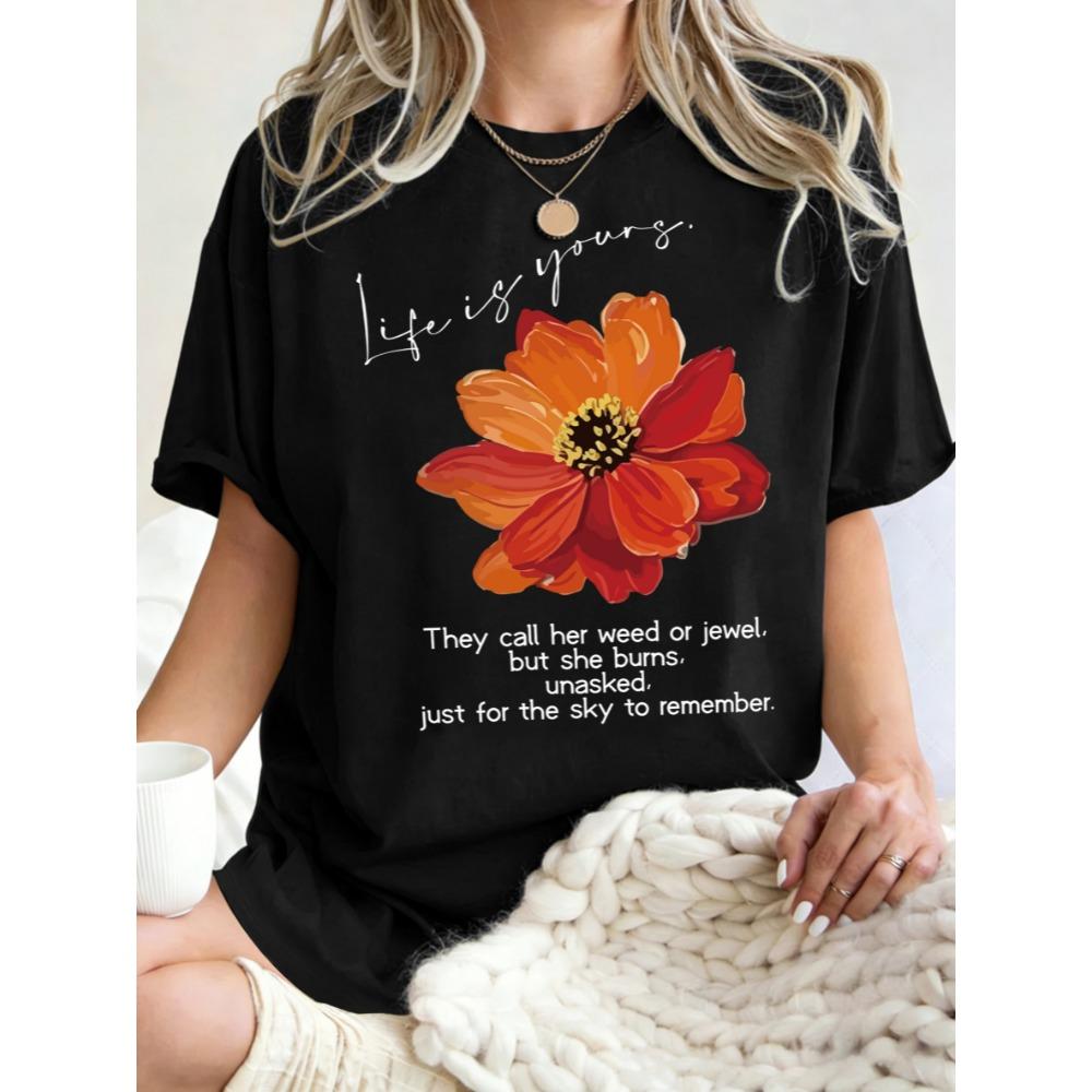 

Life Is Yours Beautiful Flower Print Women T-Shirt Cotton Short Sleeves Casual Summer T Shirts Loose Breathable Streetwear S