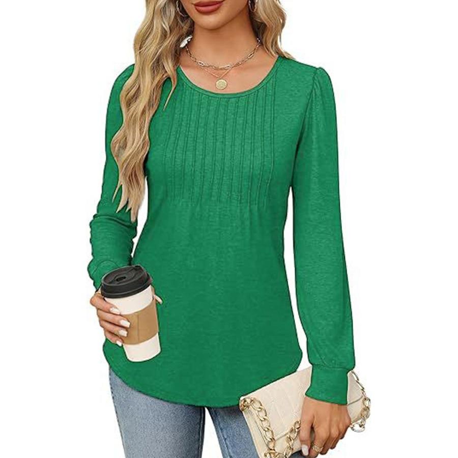 Maglietta a maniche lunghe da donna autunnali, alla moda, casual, plissettata, con scollo rotondo basso, abbigliamento da donna