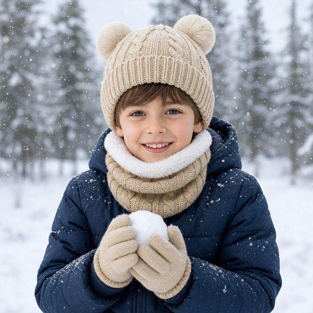 3Pcs/Set Winter Knitted Hats Scarfs Warm Bonnet Gloves Kits Children Scarf Hat Gloves Set Outdoor