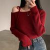 Korean Chic Design Off-Shoulder Red Slim Fit Long-Sleeve Sweater for Adults