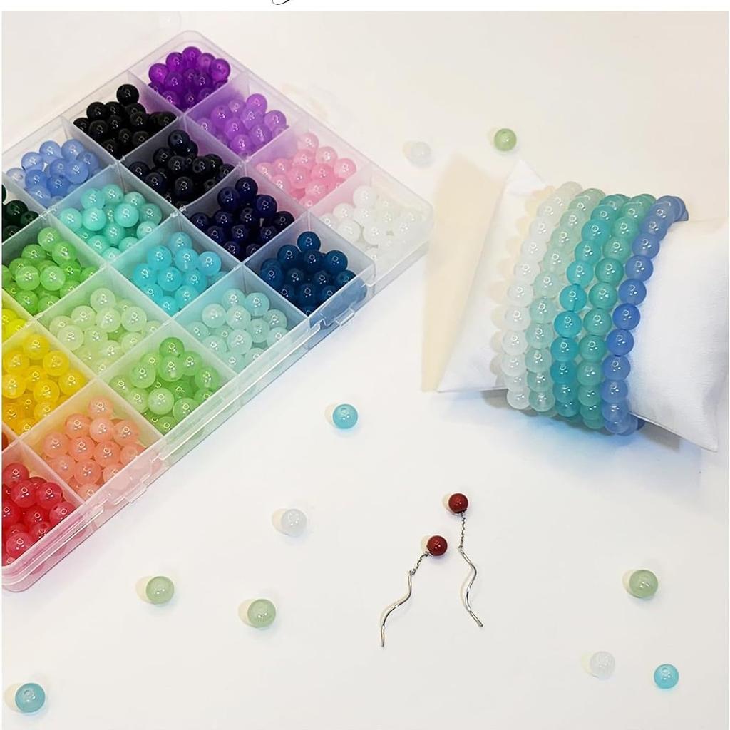 Juego de 1200 Cuentas de Vidrio DIY para Hacer Joyería 24 Colores 8 mm Pulsera de Cuentas de Cristal