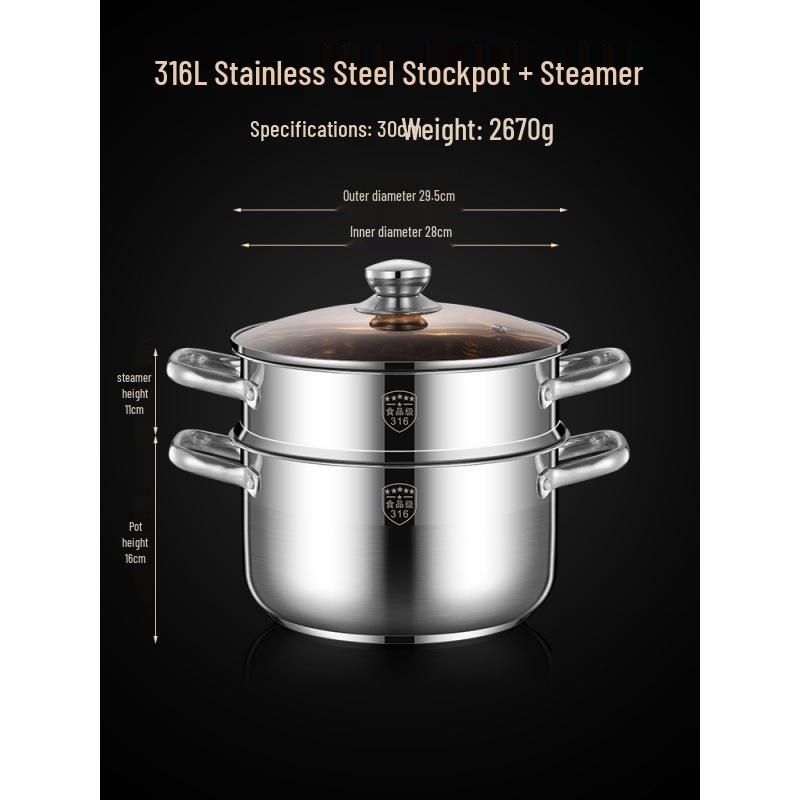 2025 Three-Layer 316 Stainless Steel Steamer & Soup Pot for Induction & Gas Stoves