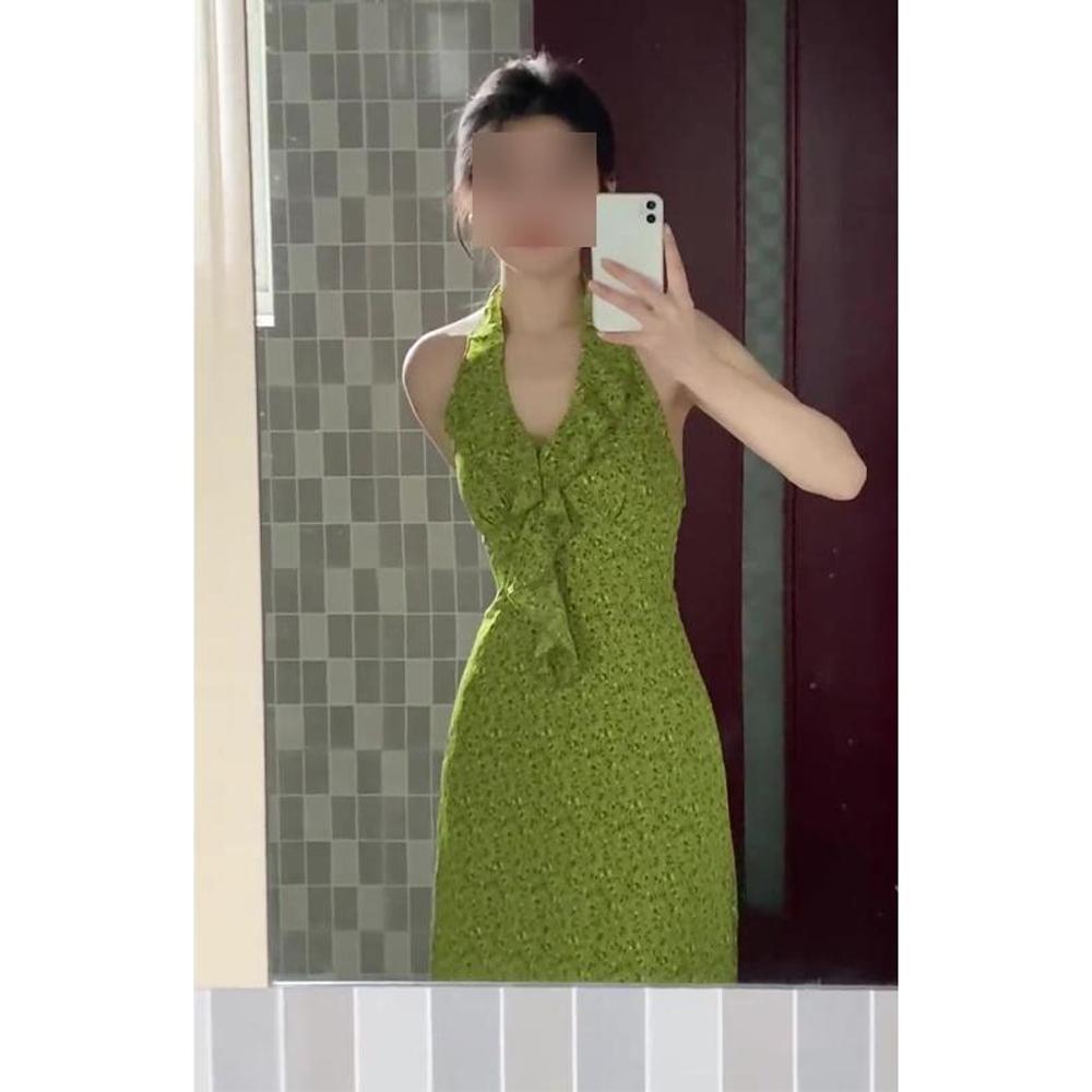 French green v-neck ruffle leaf edge floral neck dress, gentle temperament, waist-wrapped hip-split long dress