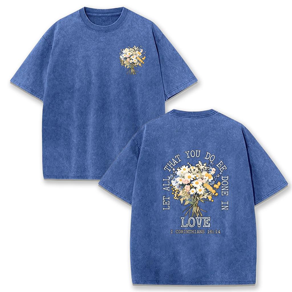 Men Women Vintage Washed Floral T-Shirt Boho Flower Bouquet Letter Graphic Crew Neck Short Sleeve Shirt Top