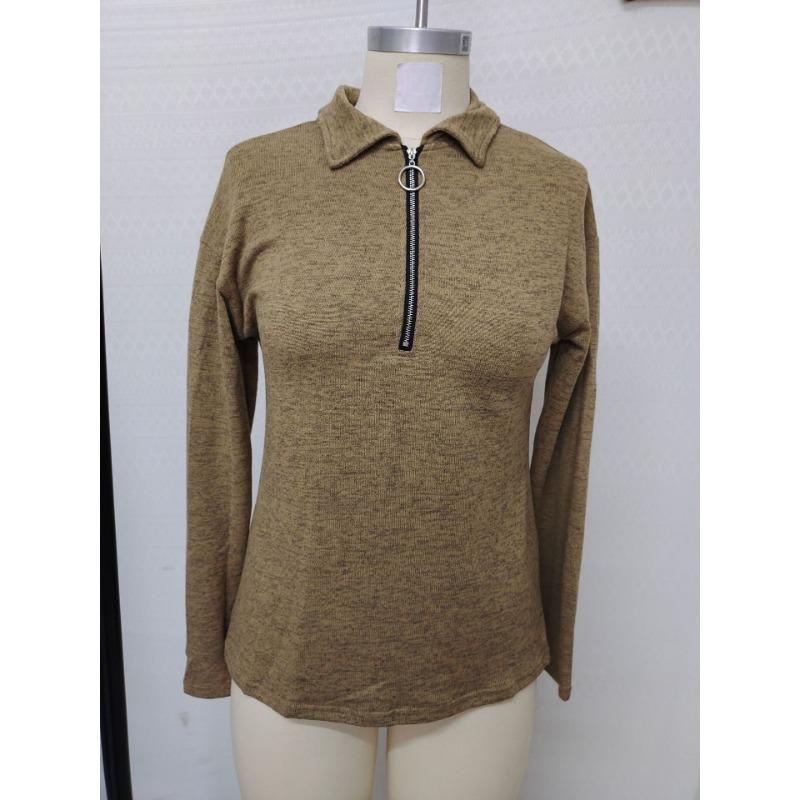 Casual Loose Knitted V Neck Zipper Long Sleeve T Shirt For Women