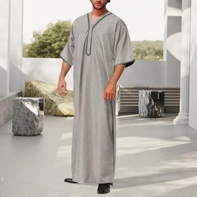 Herren Kaftan Robe Einfarbig Mittelärmelig Lang Thobe V-Ausschnitt Abaya Gebet