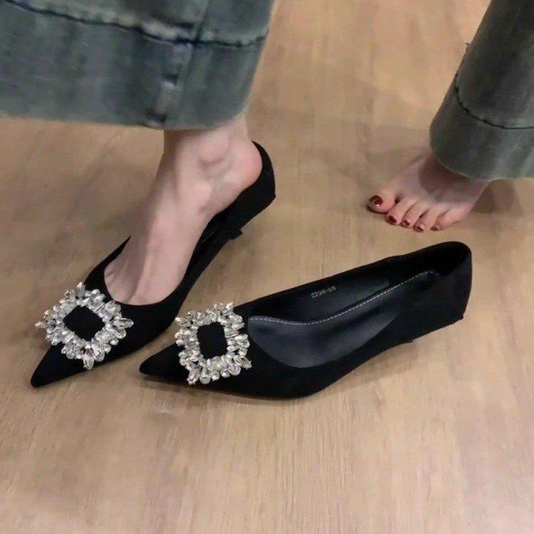 Temperament rhinestone square buckle high heels women's 2025 new French senior bridesmaid shoes pointed thin heel small heel single shoes